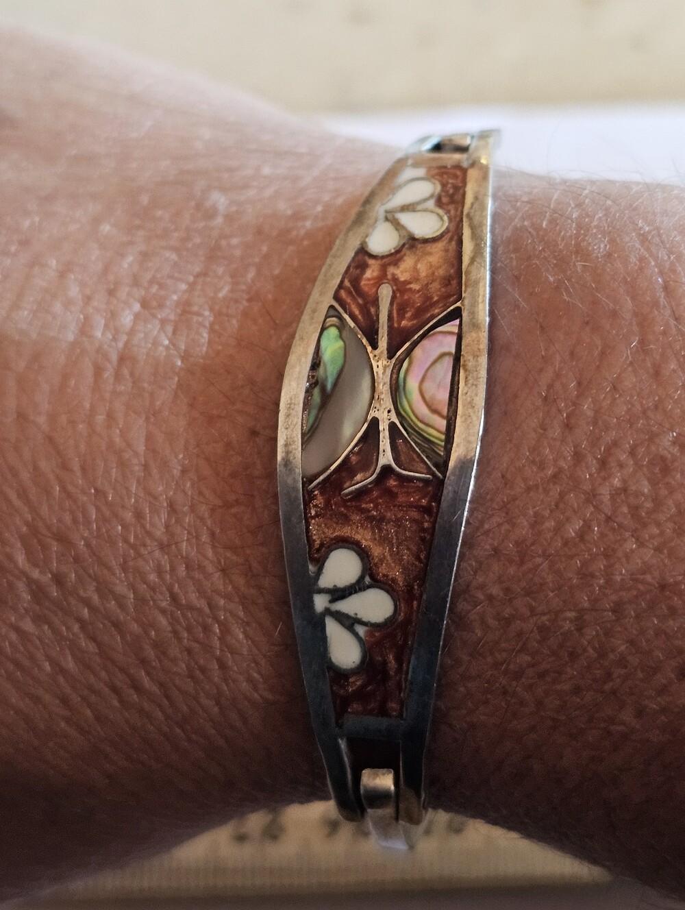 Vintage Mexican Alpaca Silver Hinged Cuff Bracelet Enamel Abalone Inlay Retro